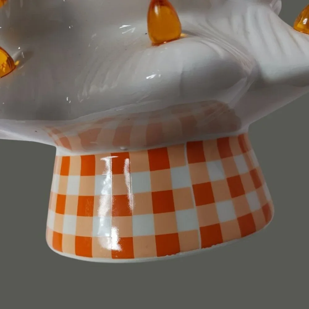 White Ceramic Christmas Tree With Orange Lights & Checkered Base - 